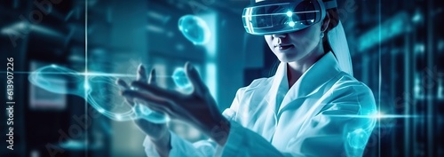 A medical scientist standing in front of a computer screen, medical technology and futuristic concept of digital medicine and network connection with futuristic device, virtual reality, hologram moder © Yan