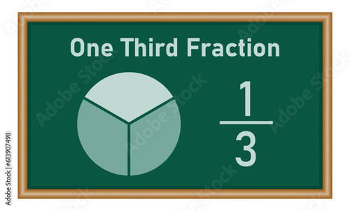One-third fraction circle with fraction number. Fraction parts. Numerator, denominator and dividing line. Mathematics resources for teachers and students. Vector illustration.