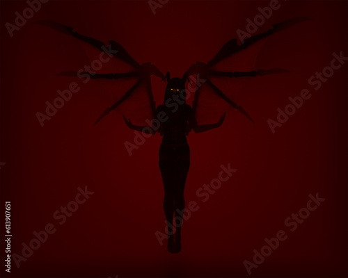 3d illustration of a female devil or demon floating in a mysterious red void
