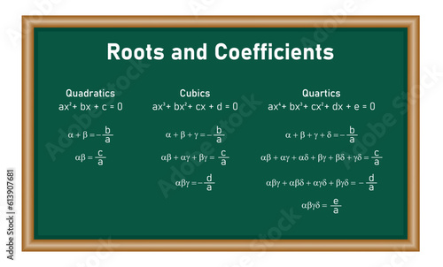 Roots and coefficients of polynomial equations. Quadratics, Cubic and Quartic formula. Mathematics resources for teachers and students. Vector illustration.