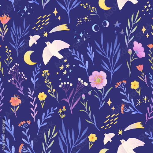 Canvas Print A seamless pattern with flowers, leaves and birds on a dark background