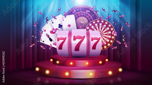 Cartoon red round podium with Casino slot machine, Wheel Fortune, Roulette wheel, poker chips and playing cards on background with curtain and spotlight