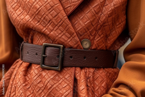 Fancy details of orange textured coat with leather brown belt. Autumn casual fashion style