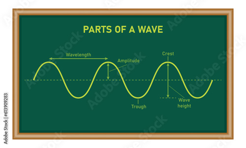 The basic properties of waves. parts of a wave. Mathematics resources for teachers and students. Vector illustration.