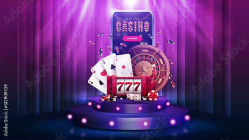 Purple round podium with smartphone, casino slot machine, roulette wheel, poker chips and playing cards on background with curtain and spotlight
