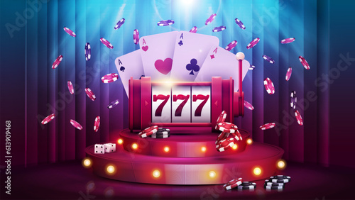 Cartoon podium with Casino slot machine poker chips and playing cards on background with curtain and spotlight. Casino poster for your arts