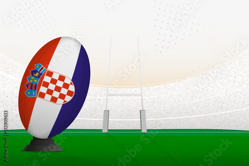 Croatia national team rugby ball on rugby stadium and goal posts, preparing for a penalty or free kick.