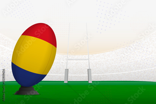 Romania national team rugby ball on rugby stadium and goal posts  preparing for a penalty or free kick.