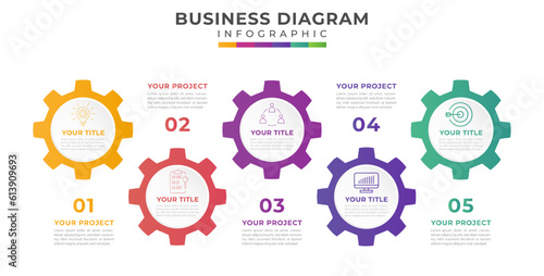 5 steps Timeline diagram with chart gears. presentation vector infographic template for business.
