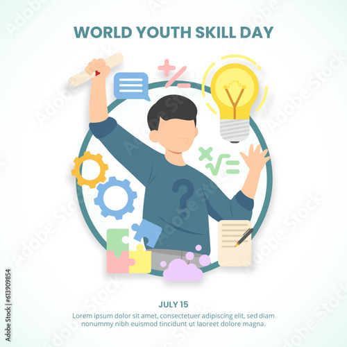 Square world youth skills day background with an illustration of a child with skills