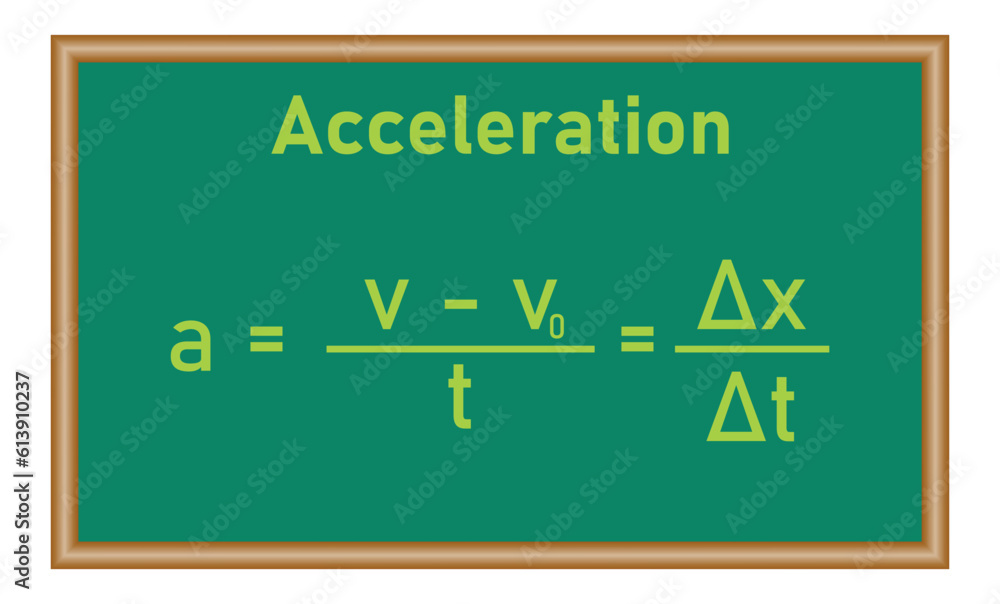 Average acceleration formula. Acceleration, speed and time formula. Physics resources for teachers and students. Vector illustration isolated on white chalkboard.