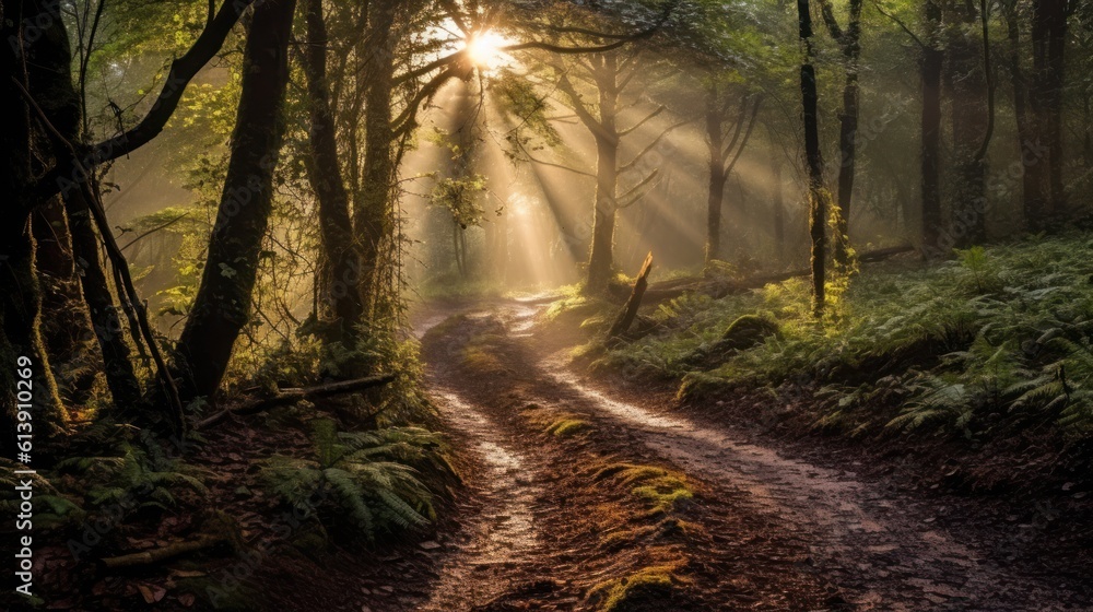 Obraz premium Misty forest clearing, with dappled sunlight filtering through the trees, and a hidden path leading into the unknown