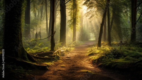 Misty forest clearing  with dappled sunlight filtering through the trees  and a hidden path leading into the unknown