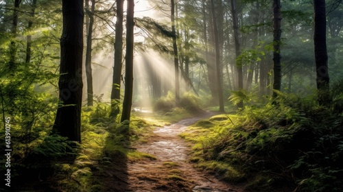 Misty forest clearing, with dappled sunlight filtering through the trees, and a hidden path leading into the unknown