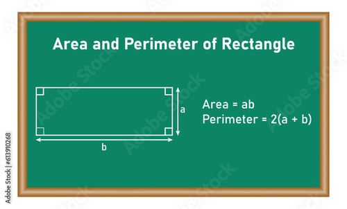 Perimeter and area of rectangle formula. Mathematics resources for teachers and students. Vector illustration isolated on chalkboard.