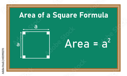 Area of a square shape and formula in mathematics. Mathematics resources for teachers and students. Vector illustration isolated on white background.