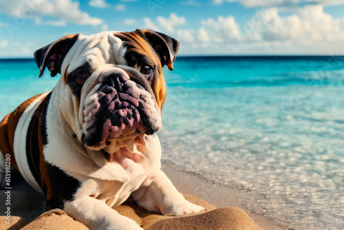 Digital photo of a cute English bulldog  lies on the tropical beach on a sunny day. Wildlife imagery, the concept of ecological environment. Generative AI © mikhailberkut