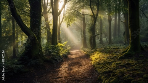 Misty forest clearing, with dappled sunlight filtering through the trees, and a hidden path leading into the unknown