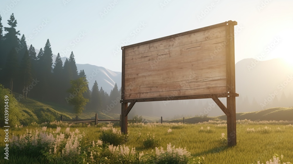 Empty clean wooden billboard with copy space on summer roadside landscape. Advertising platform template. AI generative image. Empty clean wooden billboard with copy space on summer roadside landscape. Advertising platform template. AI generative image.