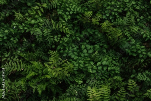 Beautiful forest herbal seamless pattern. Wild green plants endless texture. Nature background. AI generative image.