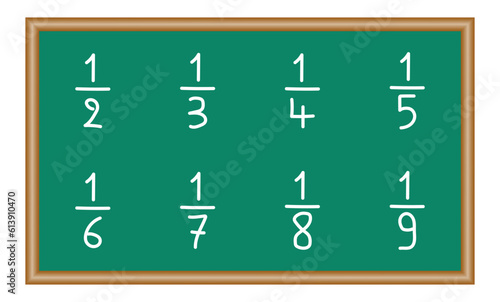 Unit fraction number. Half, third, quarter, fifth, sixth, seventh, eighth, ninth, tenth. Numerator, denominator and fraction bar. Vector illustration isolated on white background.