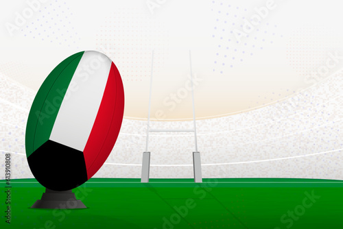 Kuwait national team rugby ball on rugby stadium and goal posts, preparing for a penalty or free kick.