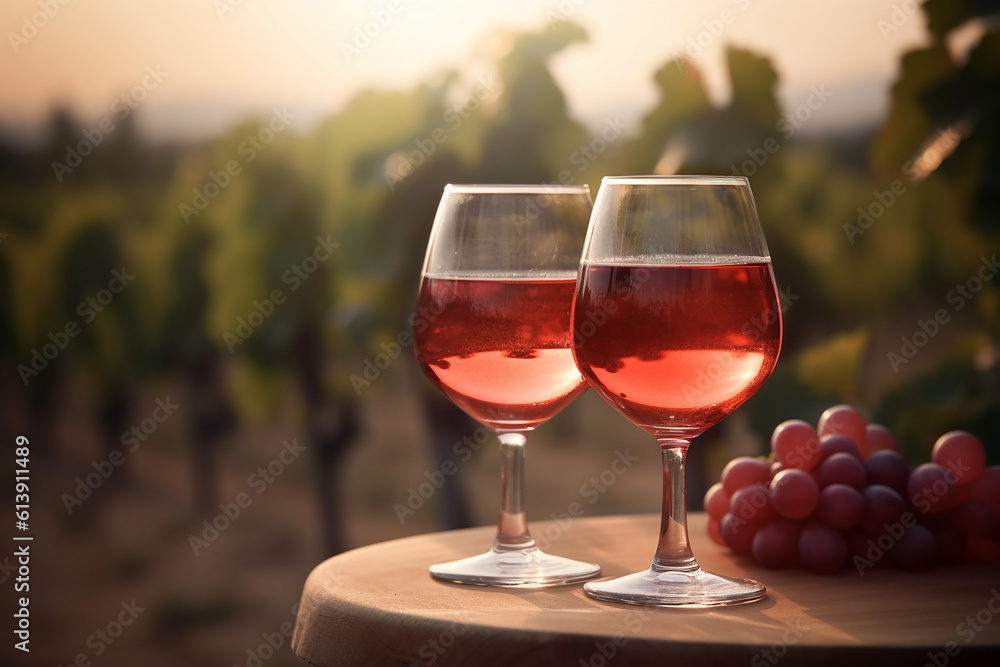 Two glasses of pink wine in the background of a vineyard generative AI technology