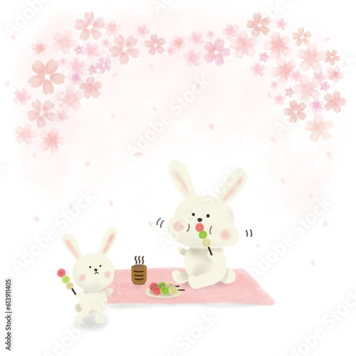 お花見をするうさぎのイラスト