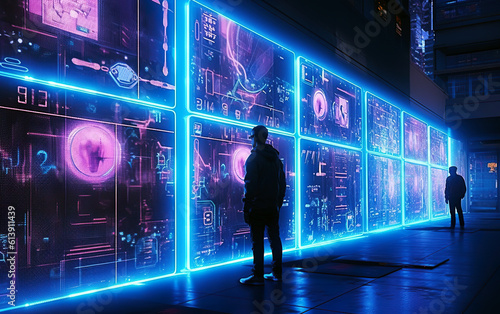 Illustration of a futuristic city at night with information walls. A sci-fi vision of a futuristic neon city. A cyberpunk neon city illuminated with vivid blue, purple and red lights. AI generated.