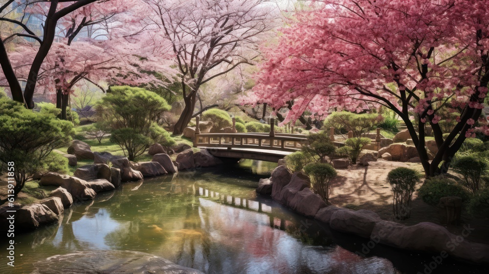 Serene garden scene with blooming cherry blossoms, tranquil ponds, and a sense of harmony and balance Serene garden scene with blooming cherry blossoms, tranquil ponds, and a sense of harmony and balance