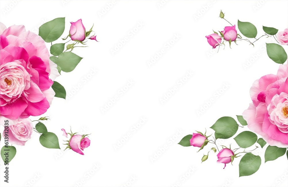 Rose flower border on white background, abstract flora banner, generative ai