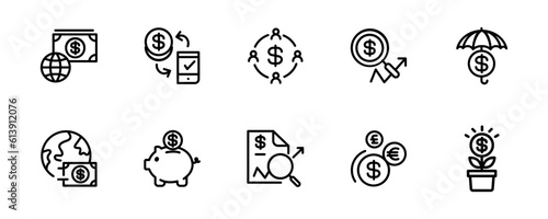 Money income icon set. Pension fund, profit growth, piggy bank, finance capital minimal vector illustration. Simple outline signs for investment. 