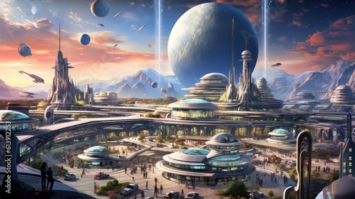 Spaceport on an alien world, with spacecraft of various sizes and shapes, bustling alien merchants, and interstellar travelers