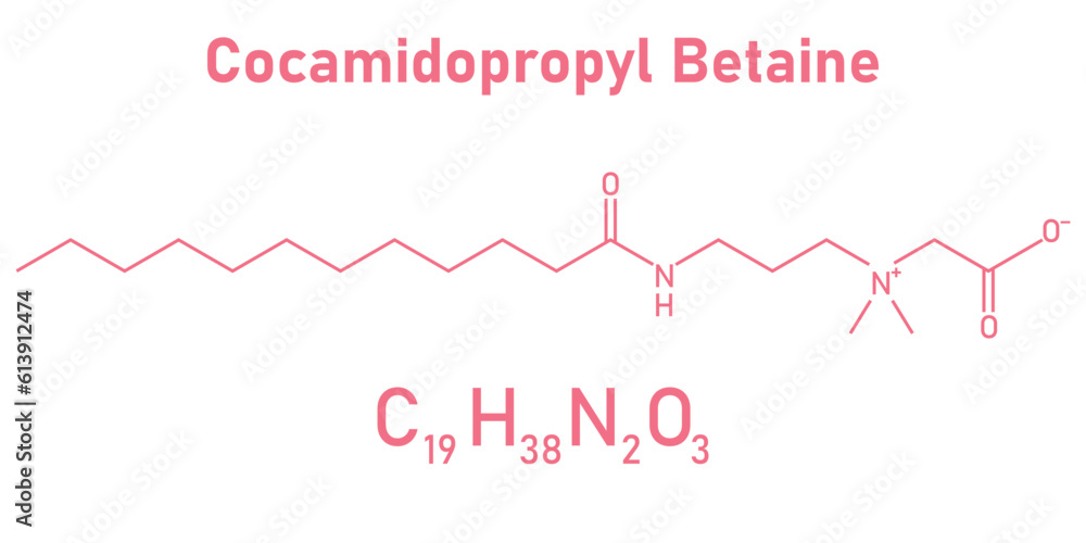 Chemical structure of Cocamidopropyl Betaine (C19H38N2O3). Chemical resources for teachers and students. Vector illustration. Chemical structure of Cocamidopropyl Betaine (C19H38N2O3). Chemical resources for teachers and students. Vector illustration.