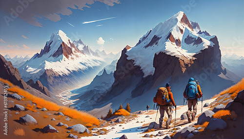 Journeying Heights: Adventurous Couple Conquering Majestic Mountain Peaks, Generative AI