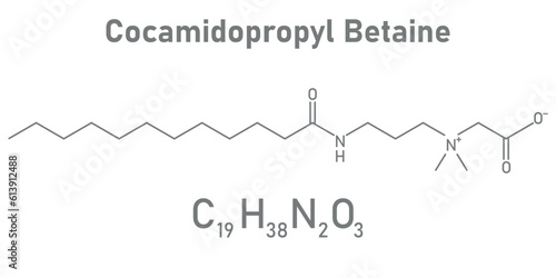 Chemical structure of Cocamidopropyl Betaine (C19H38N2O3). Chemical resources for teachers and students. Vector illustration.