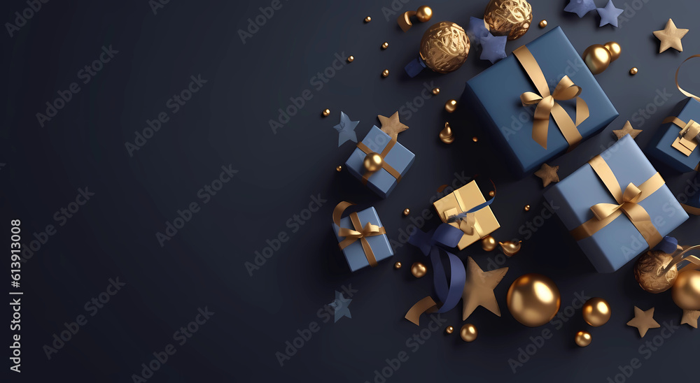 christmas background with presents on dark background with gold stars - Weinachten Hintergrund mit Geschenken