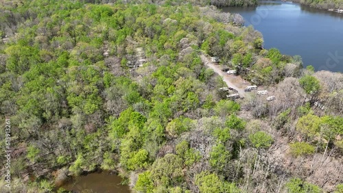 Aerial Chancellorsville Virginia lake shore campground. Rural community Spotsylvania County, Virginia, near Fredericksburg. American Civil War battleground. Summer recreation cabins and boats. photo