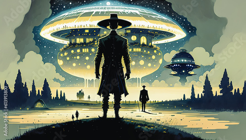 фотография A Thrilling Illustration of a Scary Gentleman standing on the Meadow, facing the Dangerous Mothership UFO, Generative AI