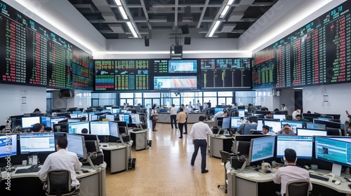Trading floor with terminals, people in motion blur. Financial background. AI generative image.
