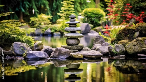 Japanese garden with pond and stones. Meditation background. AI generative image. © vlntn