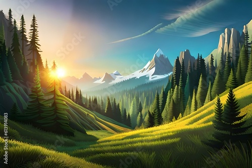 An illustration of a painting or cartons scenery of mountains and trees