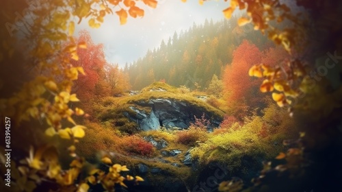 Beautiful and picturesque autumn landscape. Outdoor cozy background with copy space. AI generative image.
