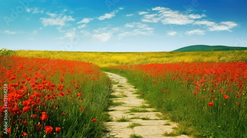 Yellow brick road through green meadows with red poppy flowers, fantasy summer outdoor background. AI generative. photo