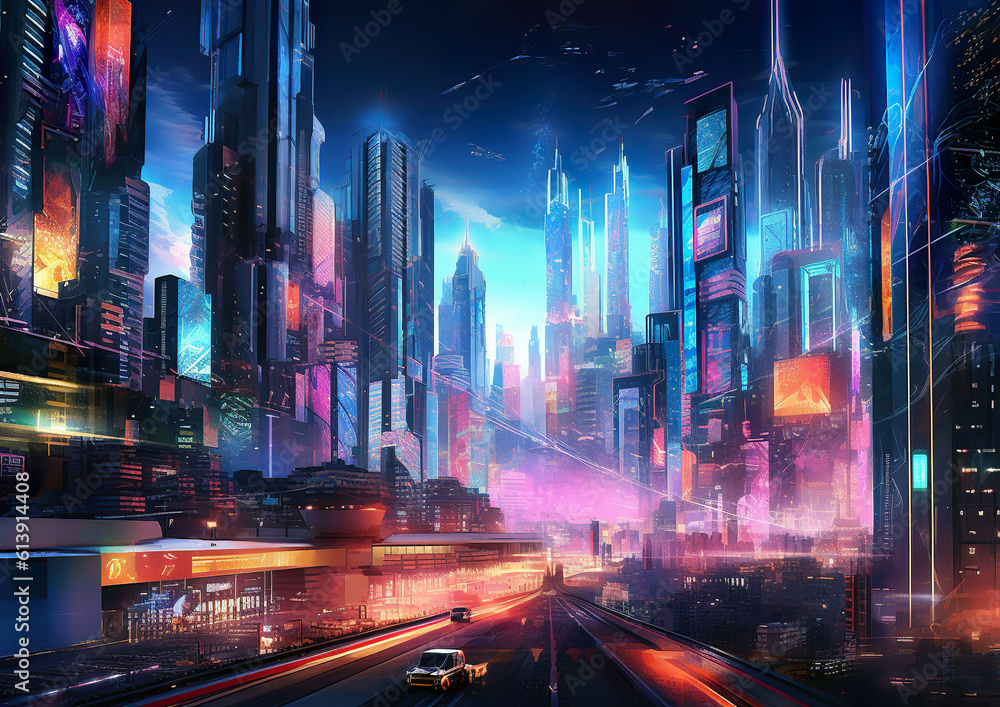 Illustration of a futuristic city at night with evening traffic and evening lights atmosphere. Sci-fi vision of a futuristic neon city with bright blue, purple and red lights. AI generated.