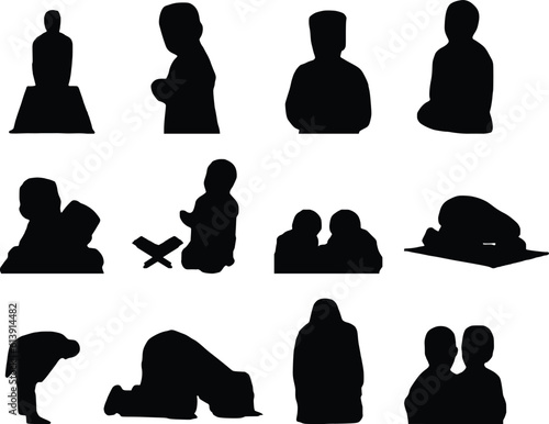 Silhouette of a Muslim man reading  Namaz in Mosque or Masjid, Muslim man prays., namaz isolated vector icon., islam design element