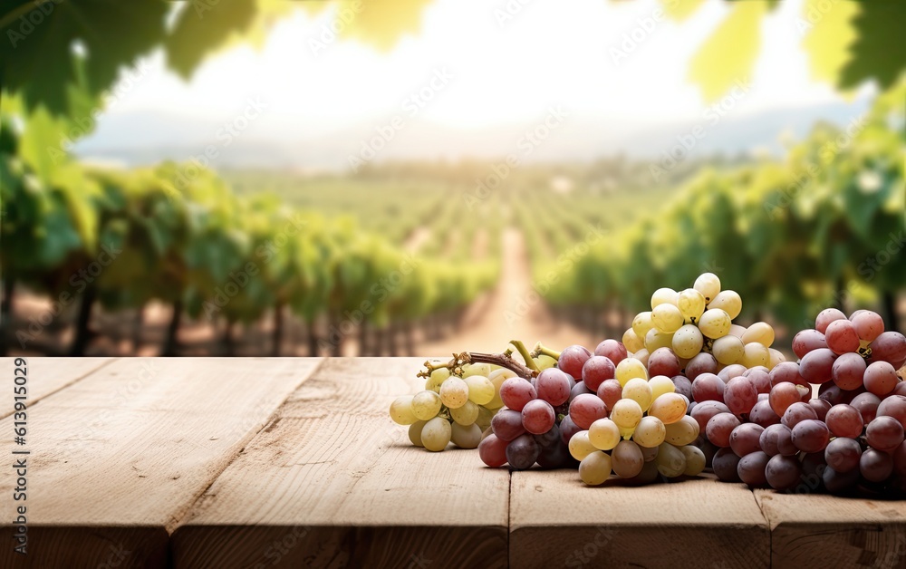 Wooden table for product display with blurred grape plantation background and grapes on table with empty space for product generative ai