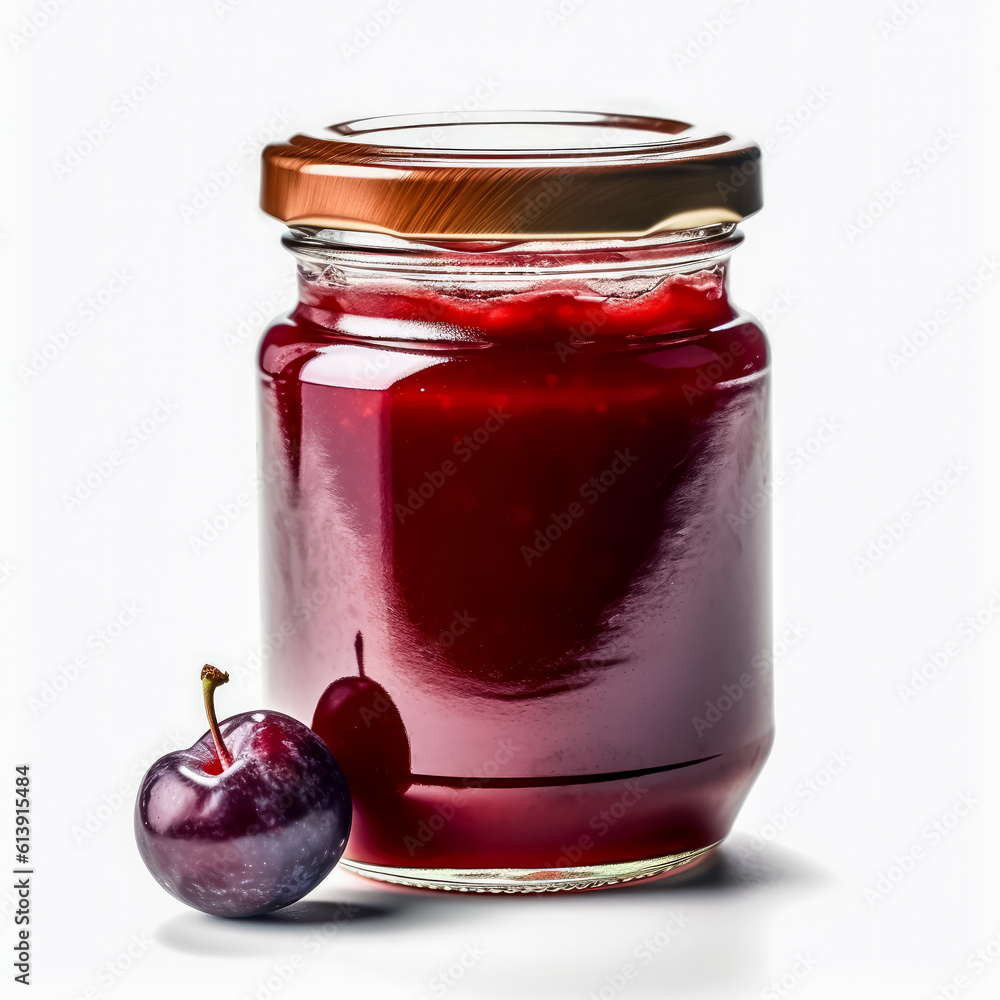 Jar of homemade plum jam isolated on white background, generative AI Jar of homemade plum jam isolated on white background, generative AI