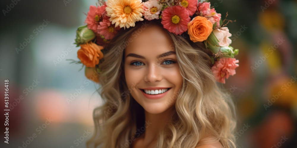 portrait of a young smiling woman with flower crown, fictional person created with generative ai