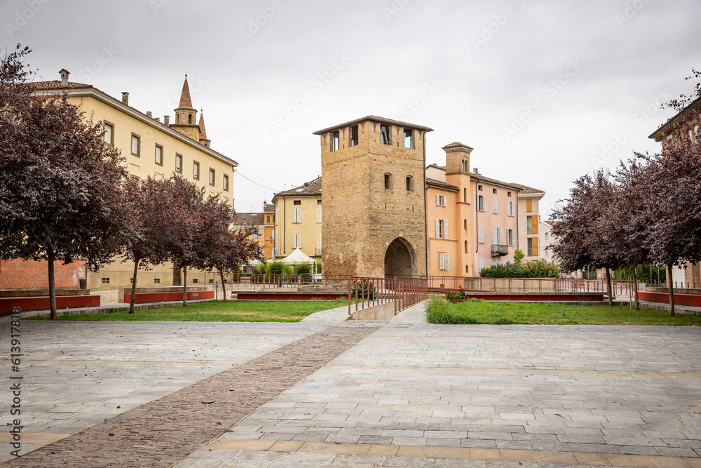 San Donnino Gate and Roman Bridge in Fidenza, province of Parma, region of Emilia Romagna, Italy